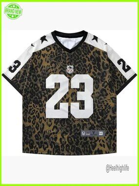 Plus Size Leopard Jersey T-Shirt Oversized V-Neck Short Sleeve Graphic Top